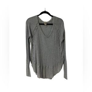 We the free, dusty, blue waffle knit thermal long sleeve with curved hem